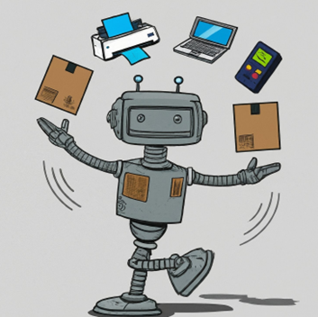 ease of integration, image of a robot juggling boxes, printer, laptop and scanner