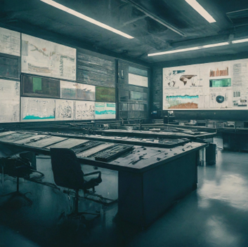 real-time monitoring and visibility, image large room with large tables and several large screens