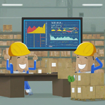 user-friendly interface, image of two cartoonish happy people in hard hats amongst boxes with a big screen in the background